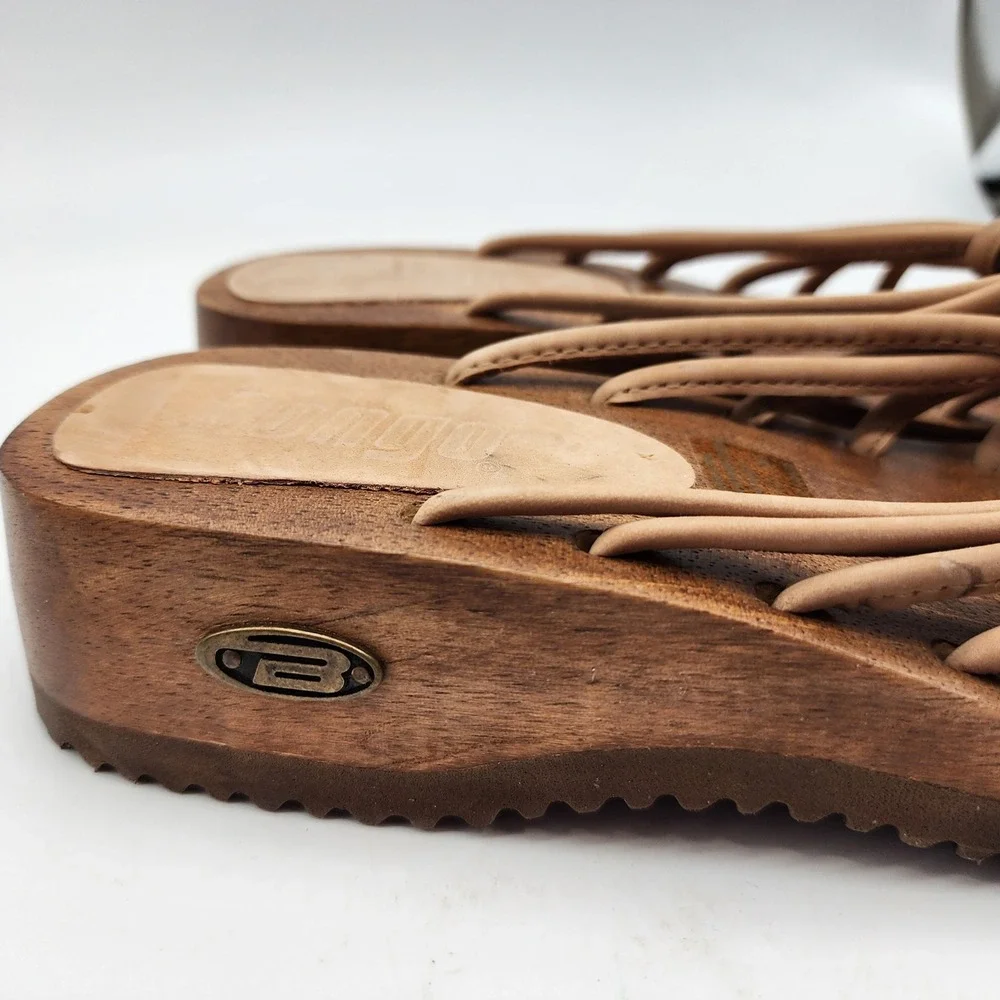 Bongo Vintage Y2K Wooden Platform Sandals Women's 8M Tan Leather Strappy Wedge